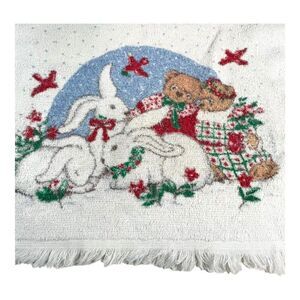 Vintage Christmas Easter Kitchen Towel Bunnies And Teddy Bears 23X15 Boho Kitsch